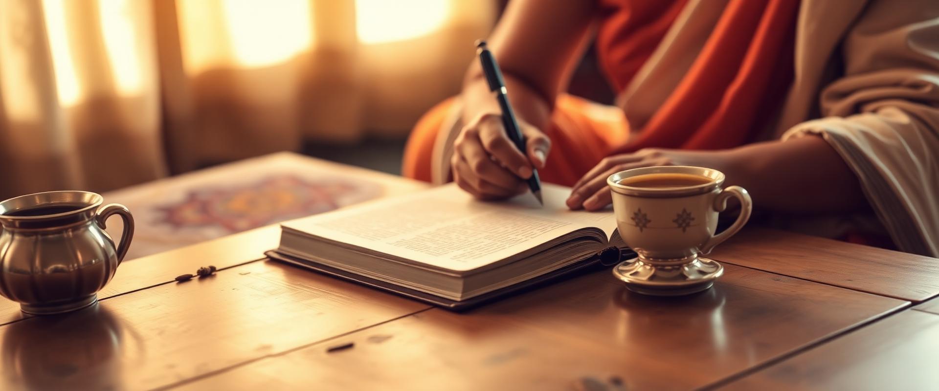 Hands writing in a journal with chai