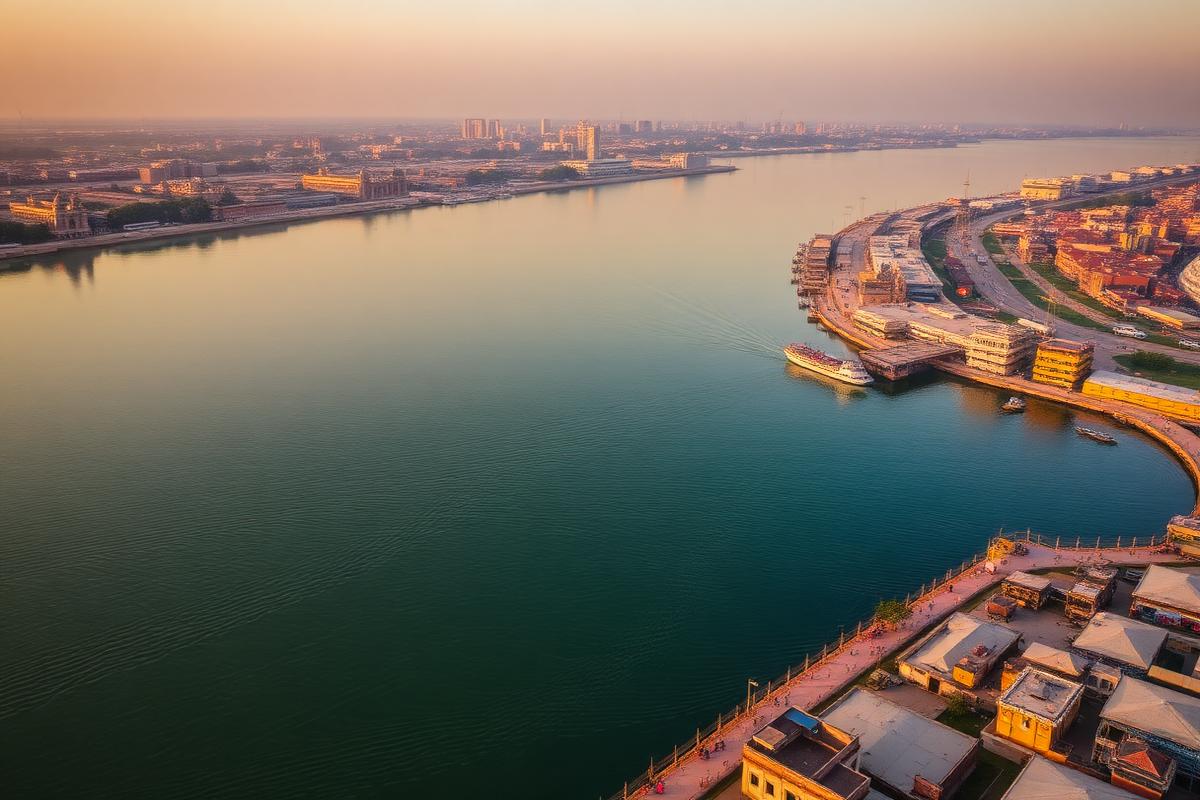 Aerial view of the Triveni Sangam confluence