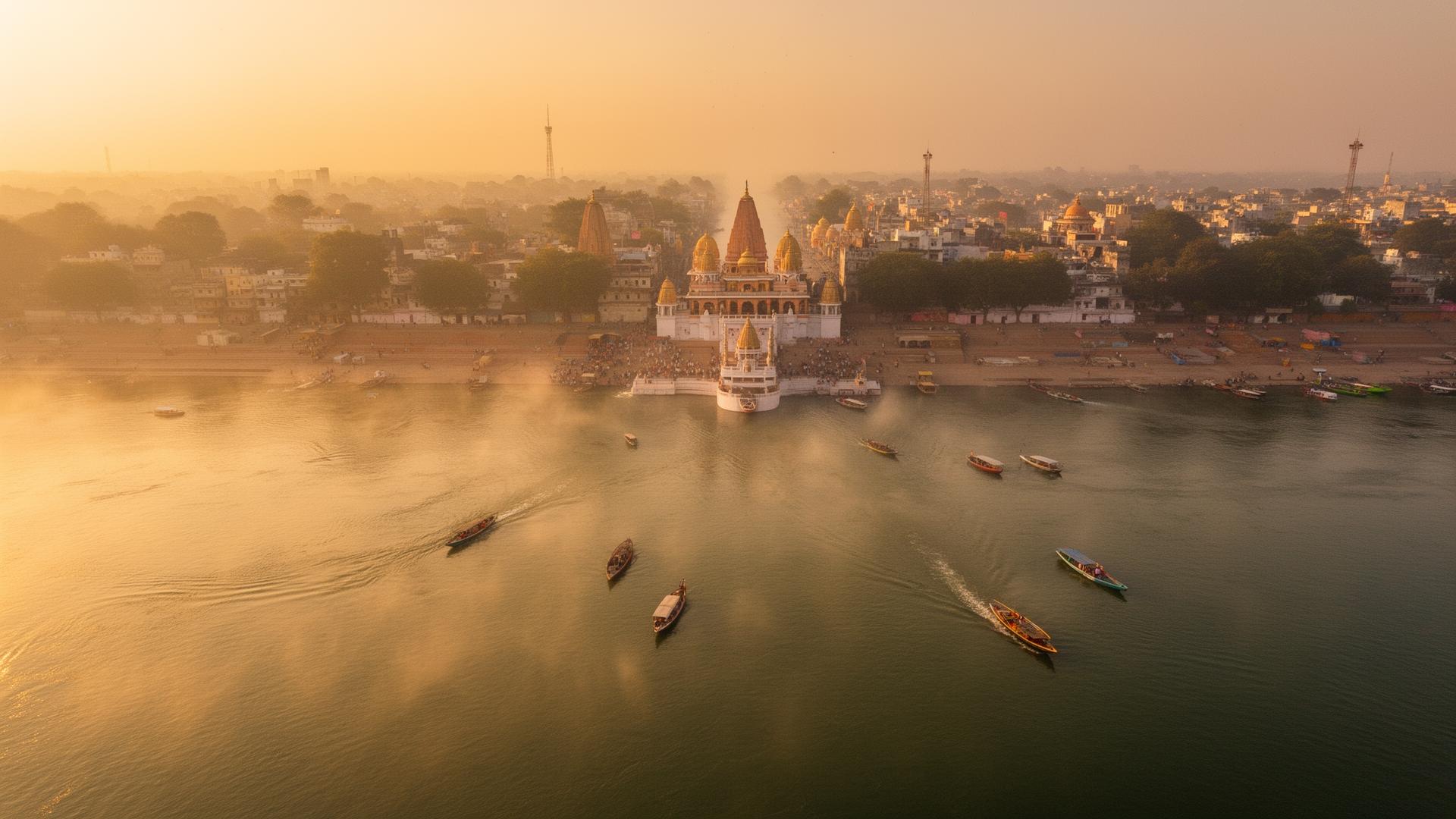 Sacred Triveni Sangam at golden hour