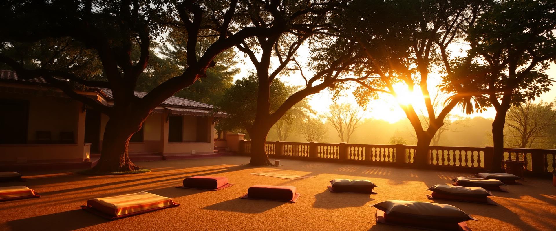 Meditation cushions in ashram courtyard at golden hour